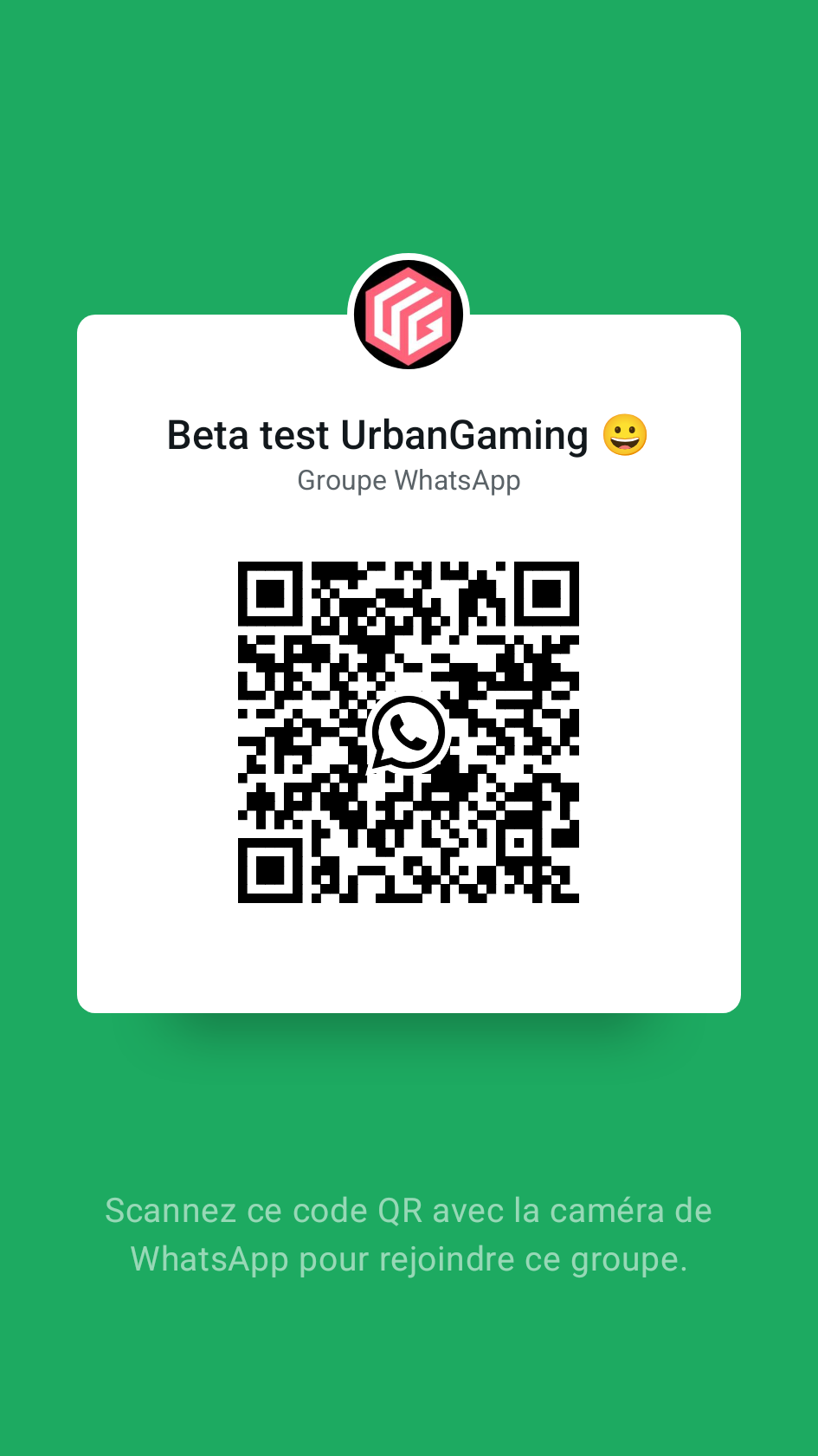 QR code pour rejoindre le groupe WhatsApp des bêta-tests Urban Gaming